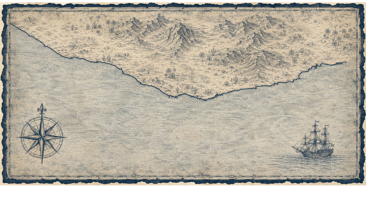 Illustrated navy-and-parchment map of the Oaxaca & Salina Cruz coast, in the style of an antique nautical chart.