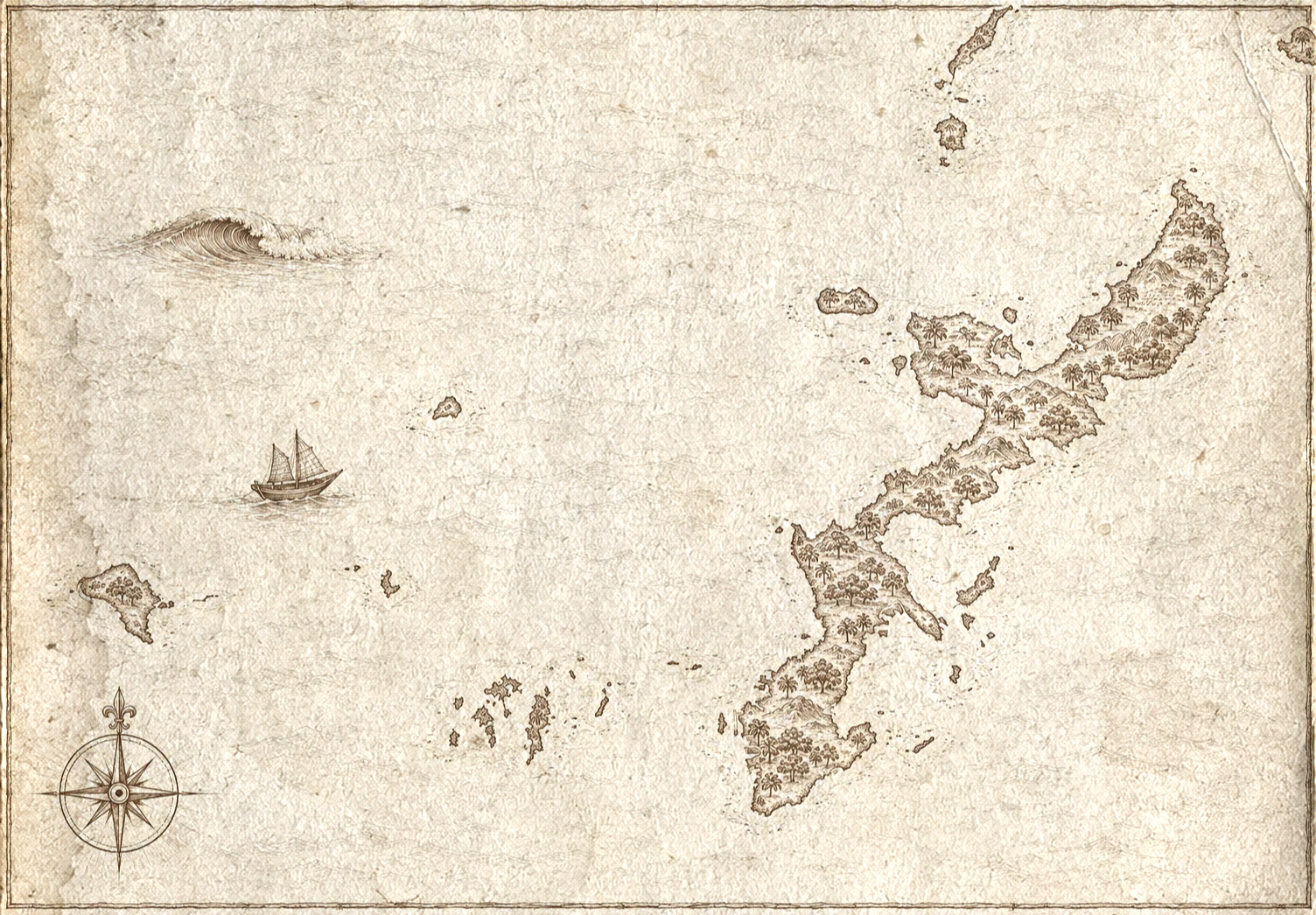 Illustrated map of Okinawa, in the style of an antique nautical chart.