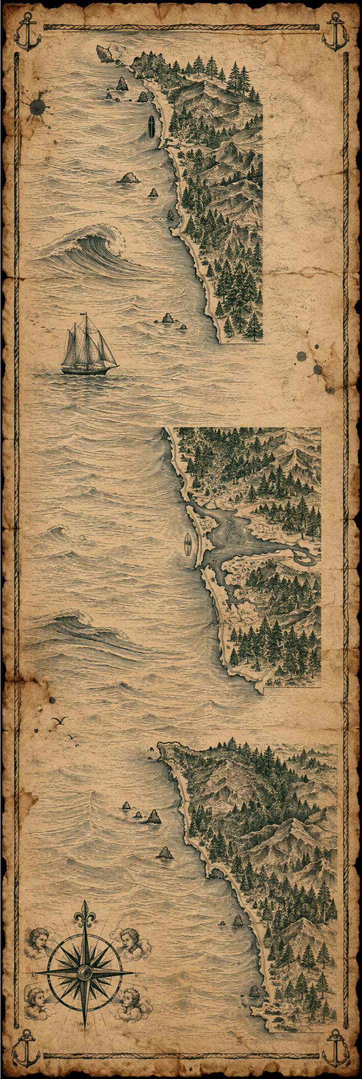 Illustrated navy-and-parchment map of the Oregon and Washington coast, in the style of an antique nautical chart.