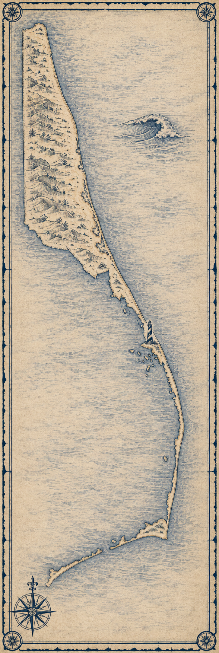 Illustrated navy-and-parchment map of the Outer Banks and Virginia Beach coastline, in the style of an antique nautical chart.