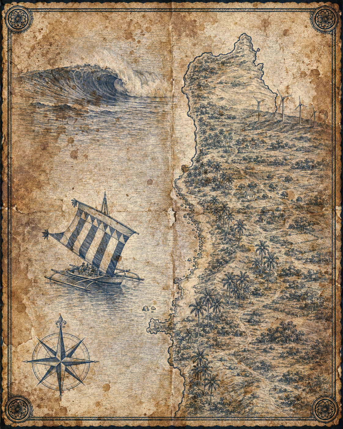 Illustrated navy-and-parchment map of Pagudpud, Ilocos Norte, in the style of an antique nautical chart.