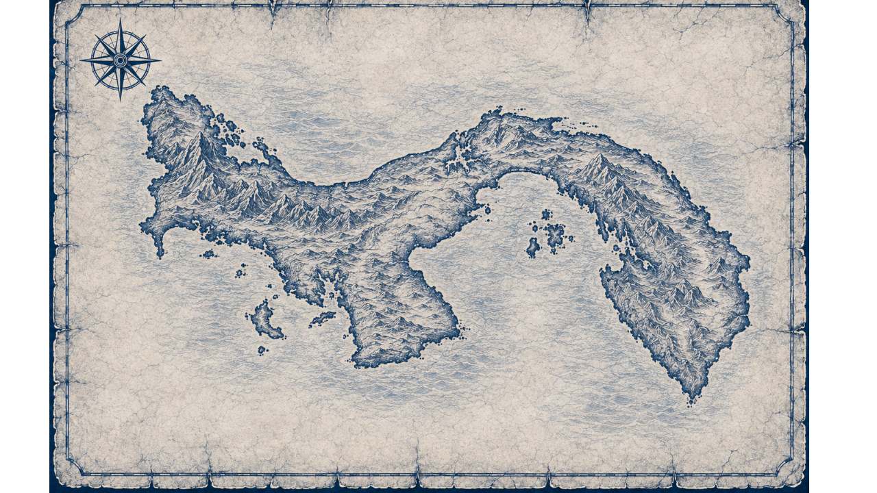 Illustrated navy-and-parchment map of Panama, in the style of an antique nautical chart.