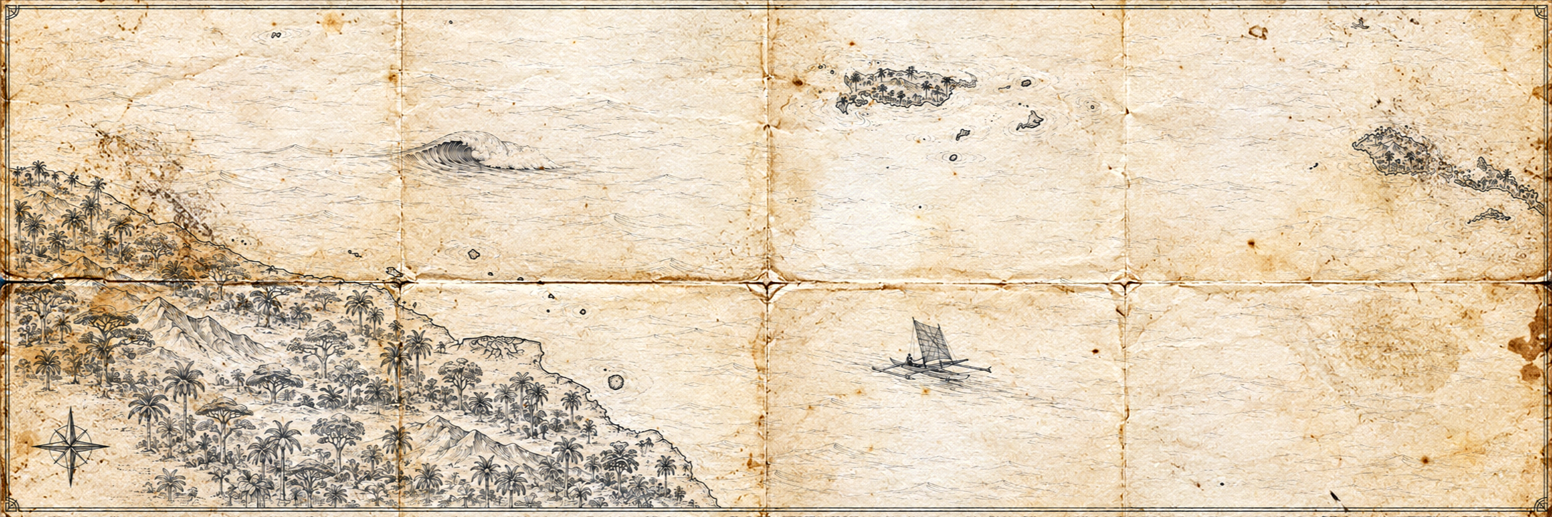 Illustrated map of Papua New Guinea, in the style of an antique nautical chart.