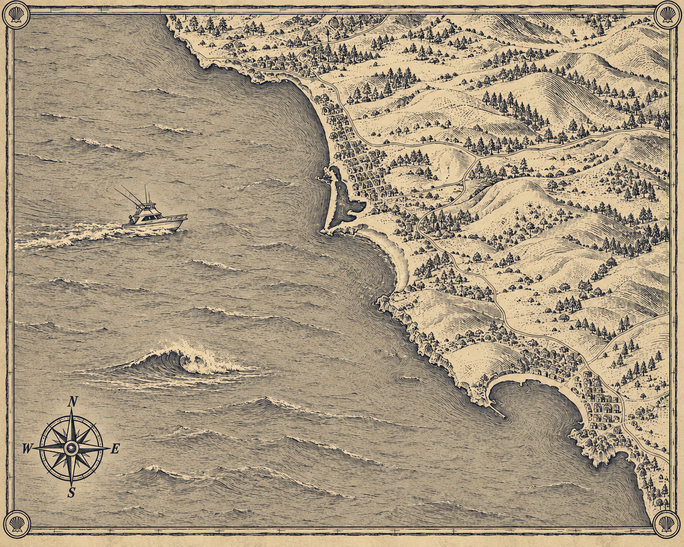 Illustrated navy-and-parchment map of the Pismo, Avila, Morro Bay and Cayucos coastline, in the style of an antique nautical chart.