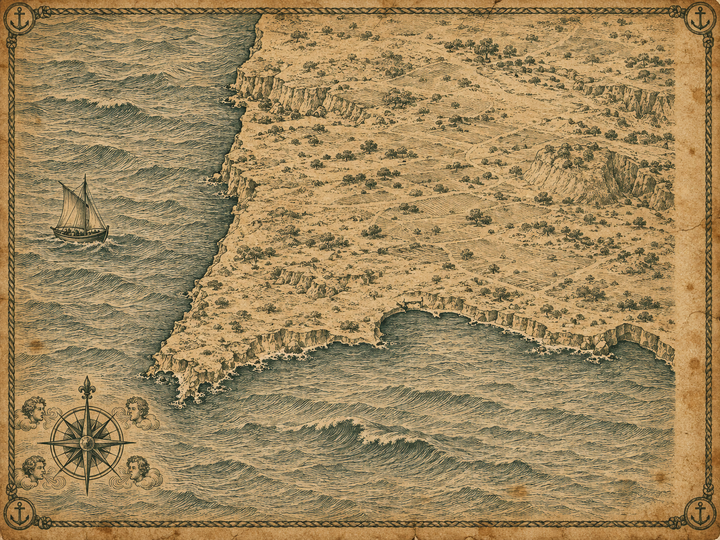 Illustrated ink-on-parchment map of the Algarve coast, in the style of an antique nautical chart.