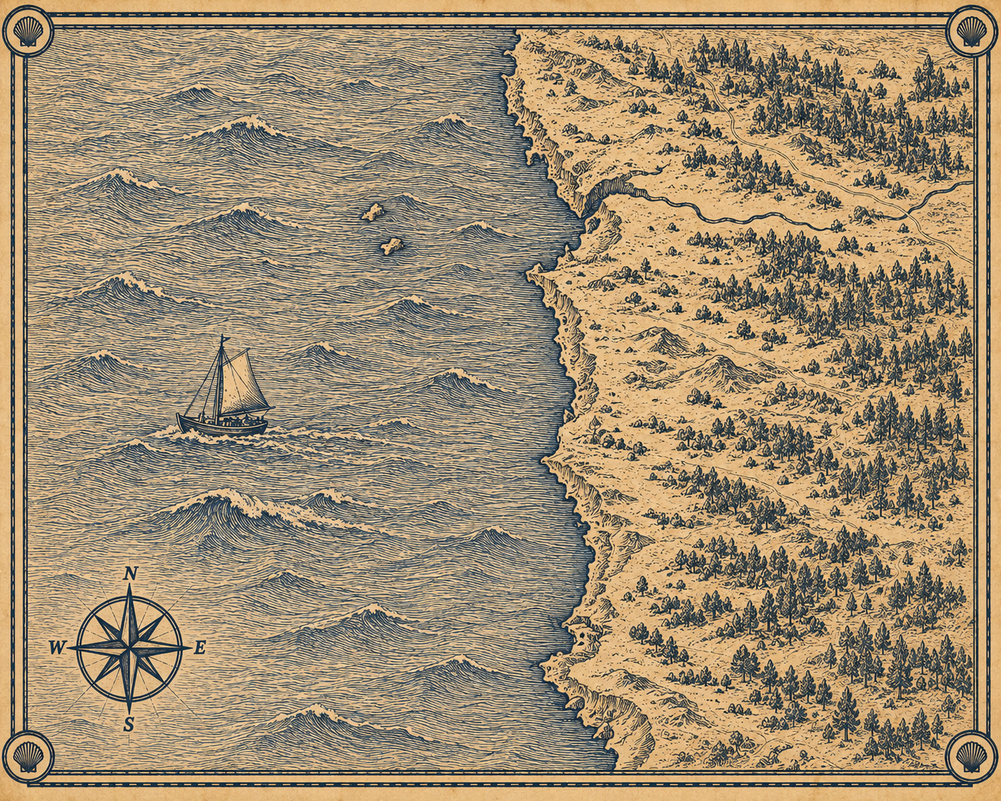 Illustrated navy-and-parchment map of the North Portugal coast, in the style of an antique nautical chart.