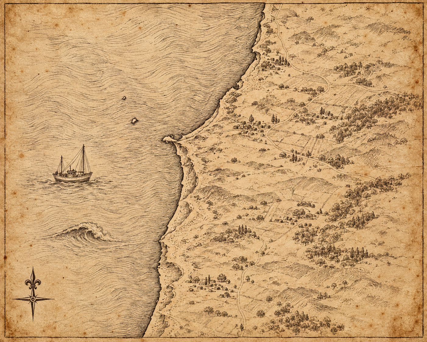 Illustrated ink-on-parchment map of Portugal's Silver Coast, in the style of an antique nautical chart.