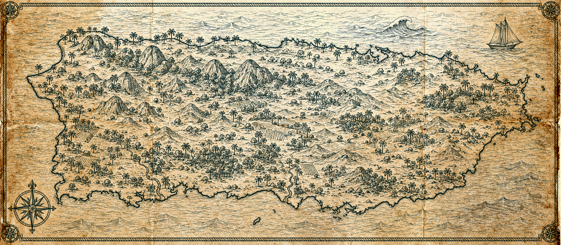 Illustrated dark forest-green-ink map of Puerto Rico, in the style of an antique nautical chart.