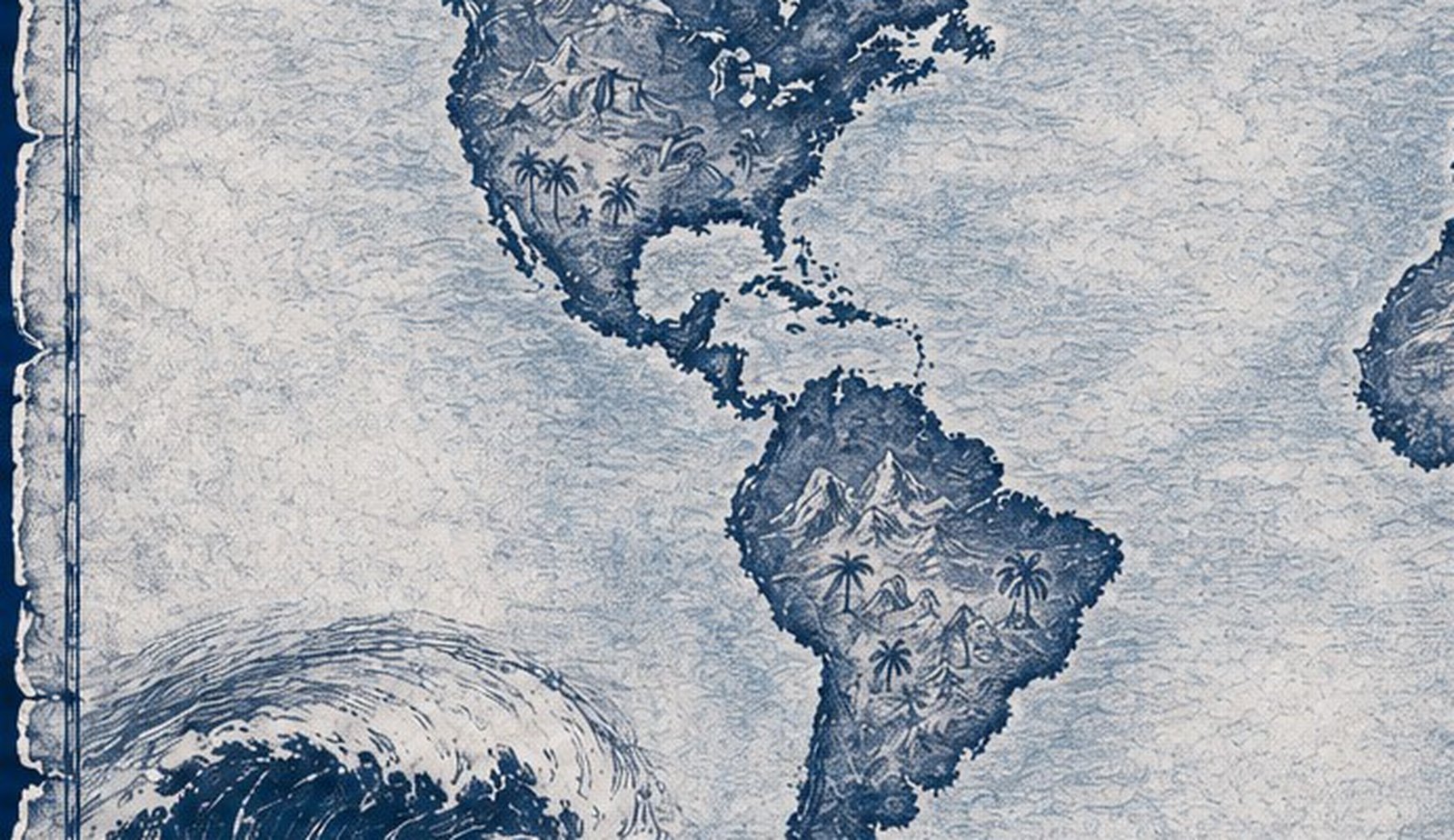 Illustrated navy-and-parchment map of Americas, in the style of an antique nautical chart.