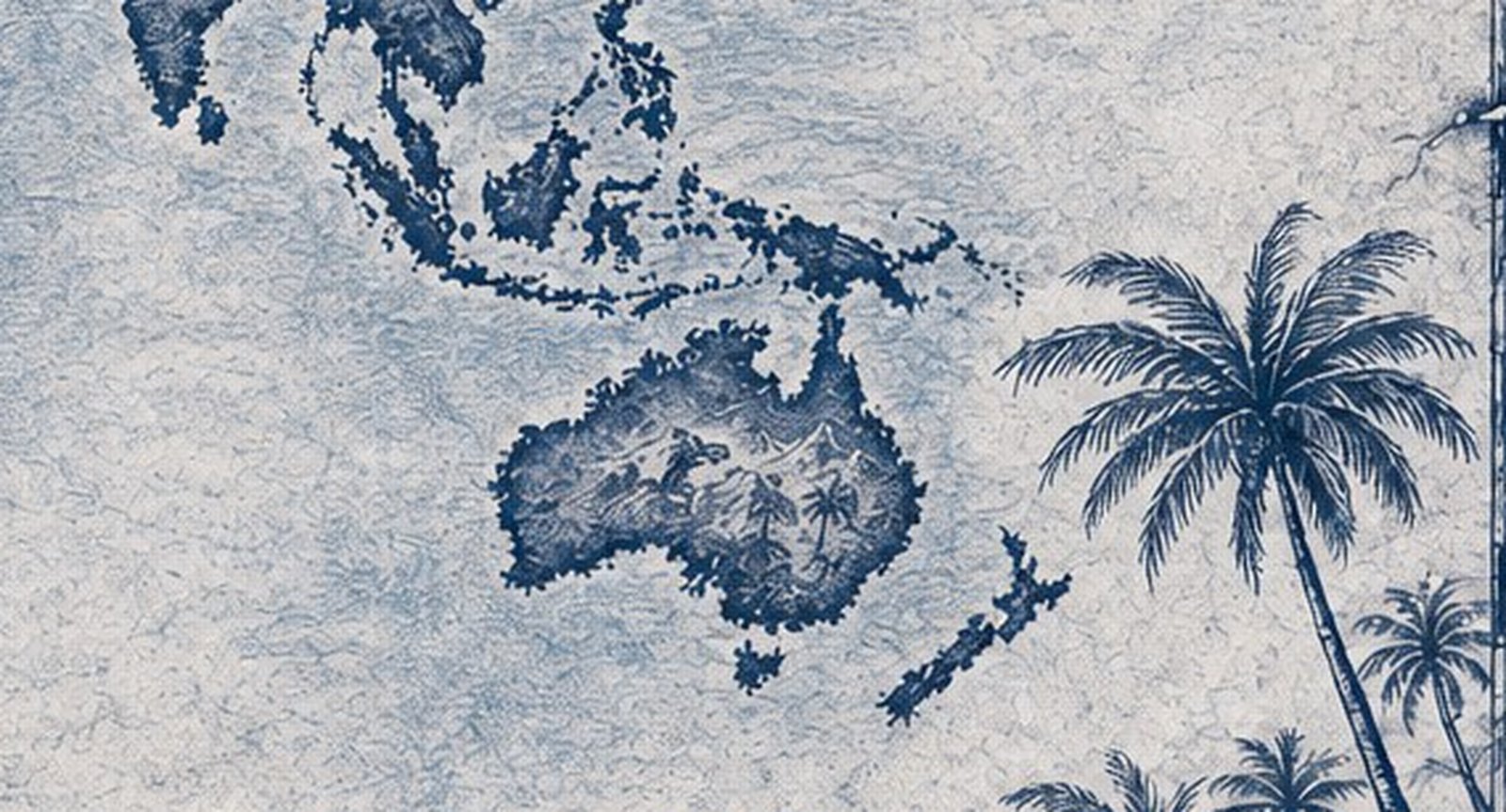 Illustrated navy-and-parchment map of Oceania & Australia, in the style of an antique nautical chart.