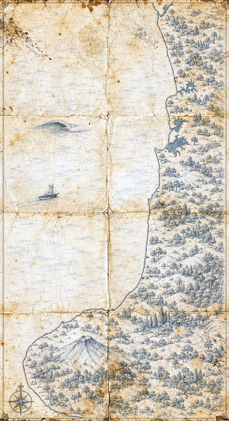 Illustrated map of Raglan and Taranaki, in the style of an antique nautical chart.