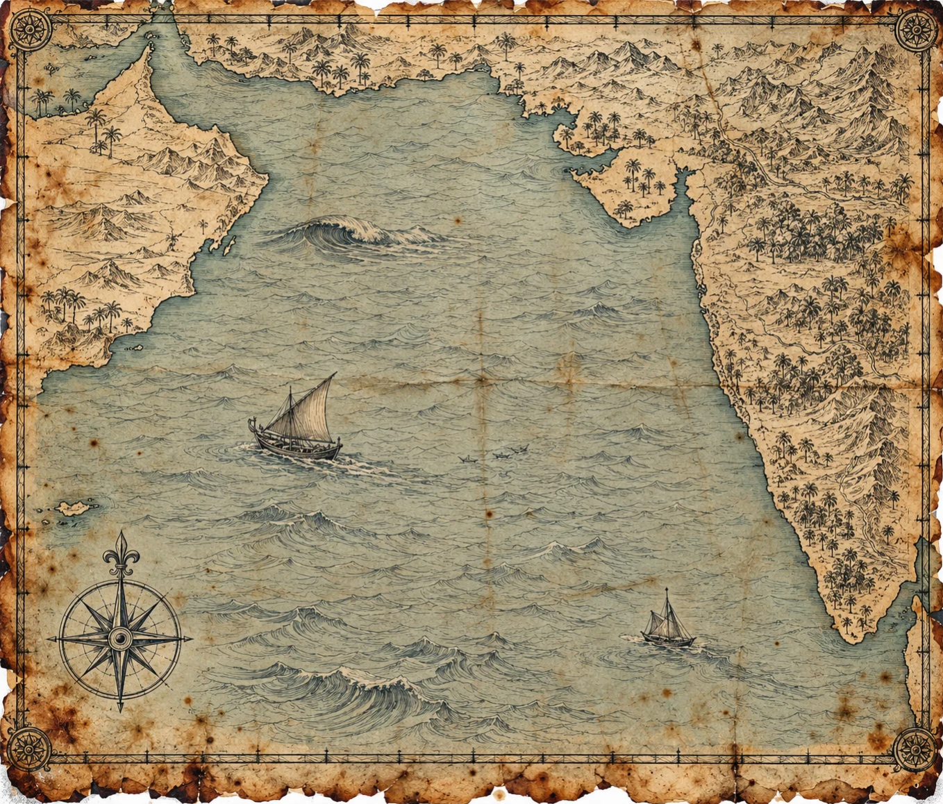 Illustrated map of Arabia and the west coast of India, in the style of an antique nautical chart. Not to scale of the whole region.