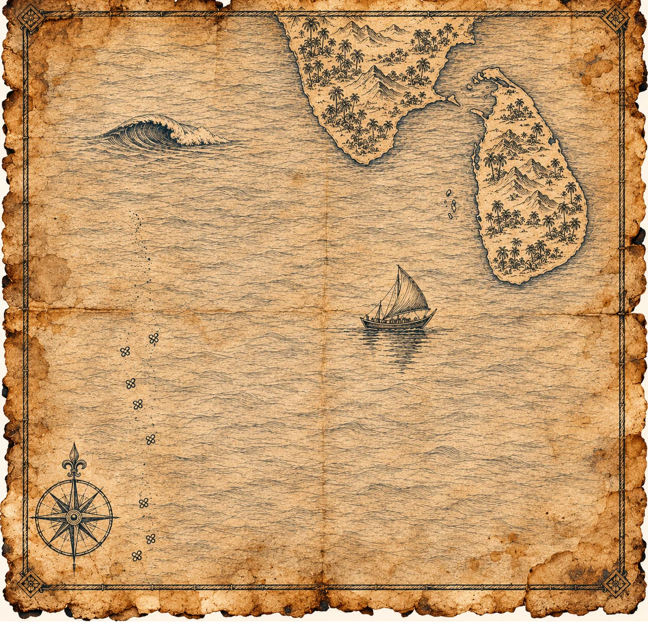 Illustrated map of Sri Lanka and the Maldives, in the style of an antique nautical chart.