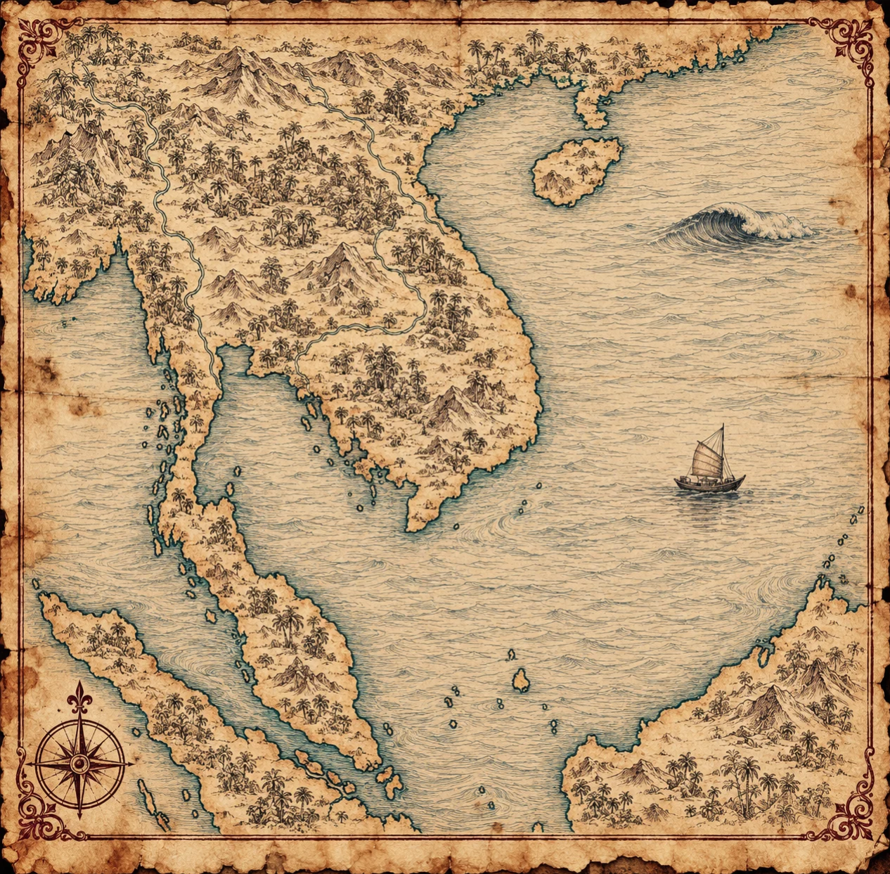 Illustrated map of mainland Southeast Asia, in the style of an antique nautical chart.
