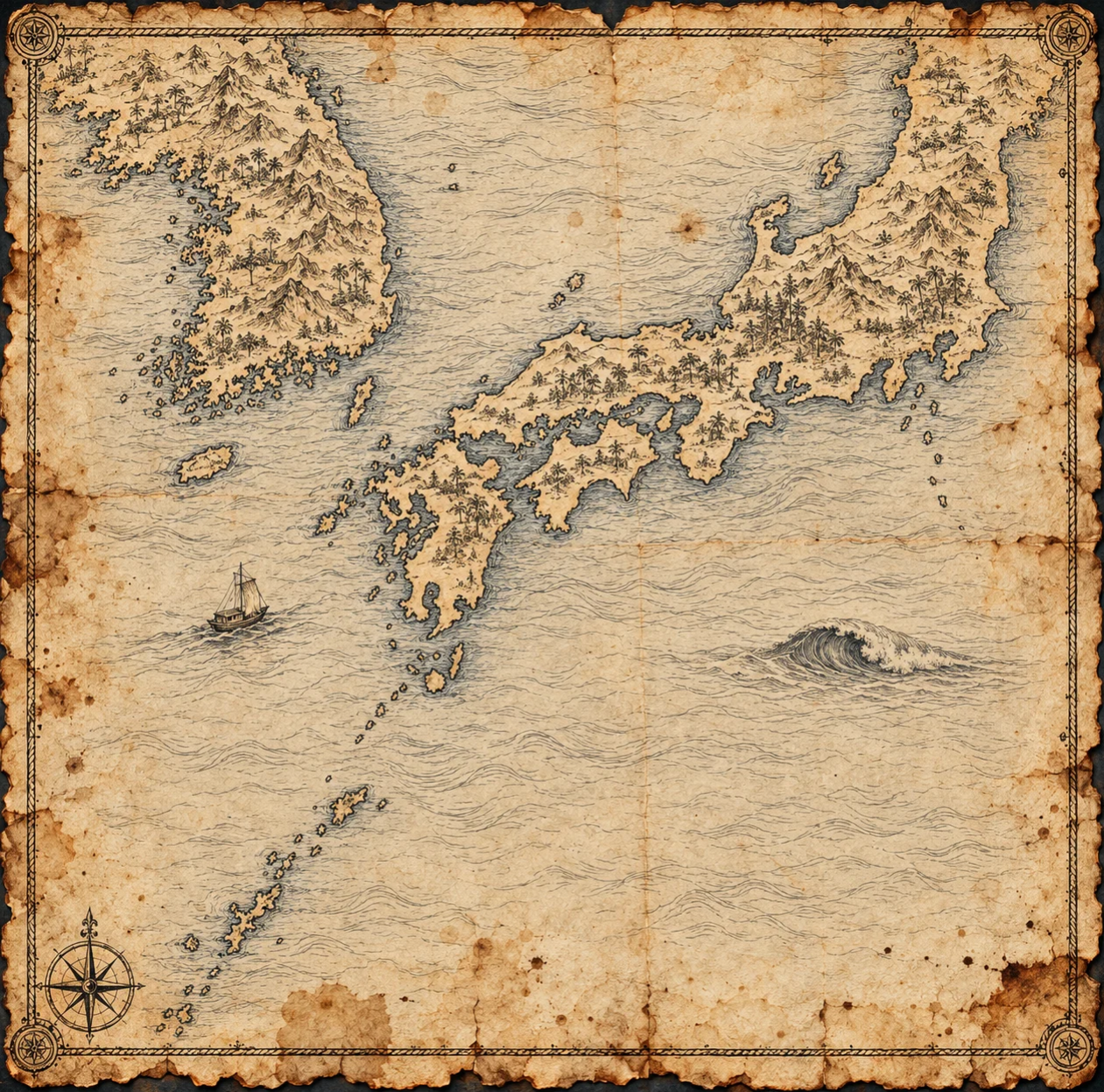 Illustrated map of Korea and Japan, in the style of an antique nautical chart.