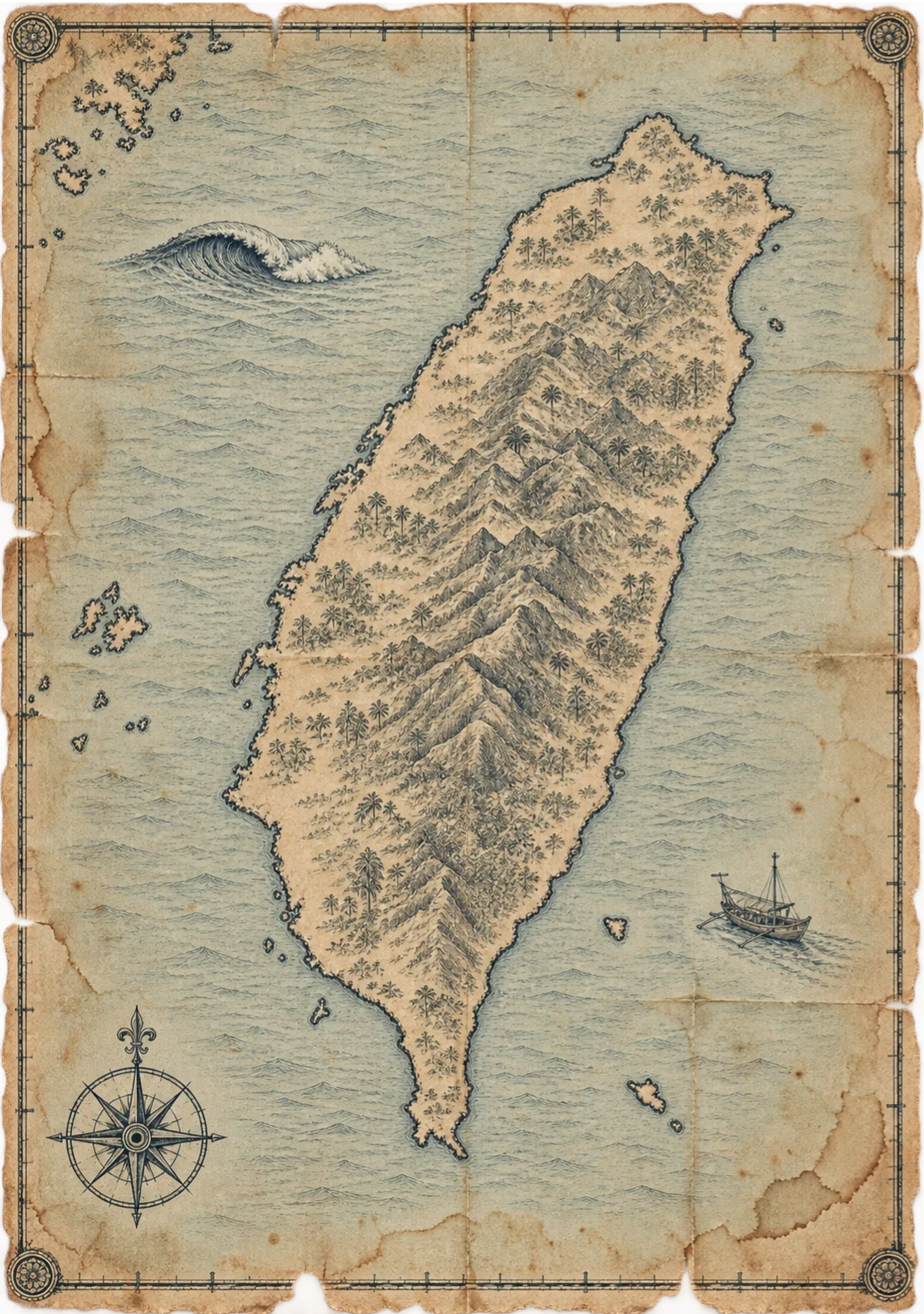 Illustrated map of Taiwan, in the style of an antique nautical chart.