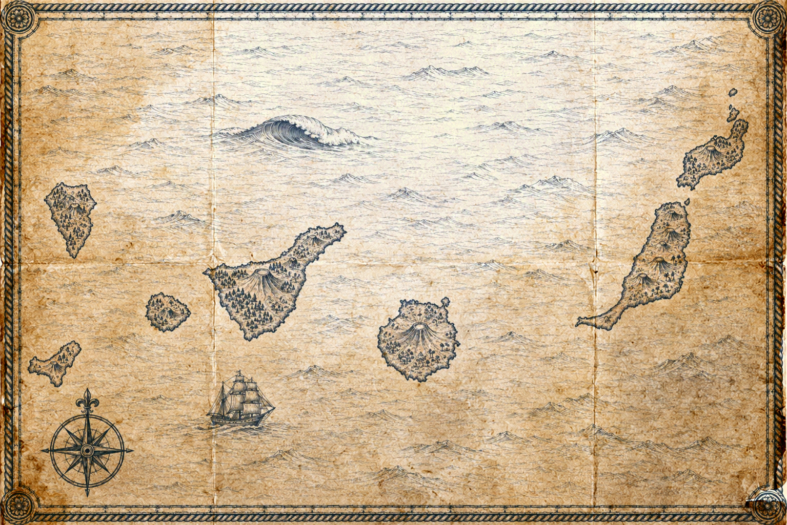 Illustrated navy-and-parchment map of the Canary Islands, in the style of an antique nautical chart.