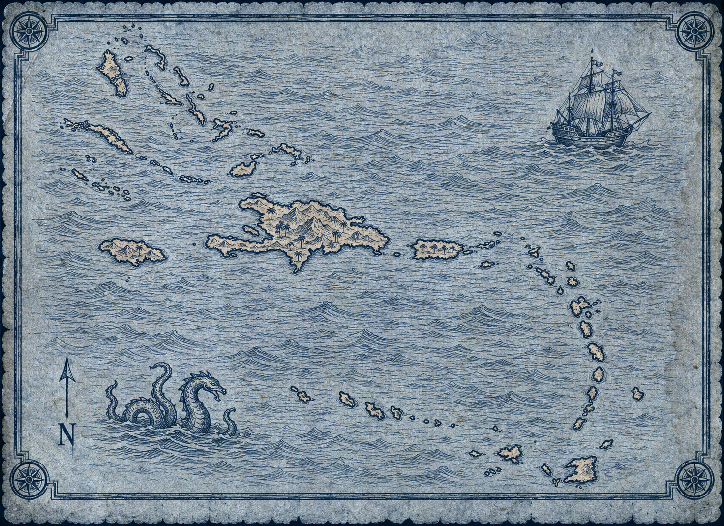 Illustrated navy-and-parchment map of the Caribbean, in the style of an antique nautical chart.