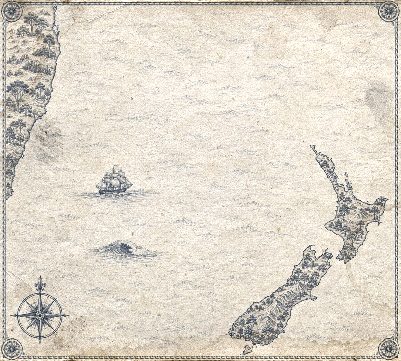 Illustrated navy-and-parchment map of the east coast of Australia and New Zealand, in the style of an antique nautical chart.