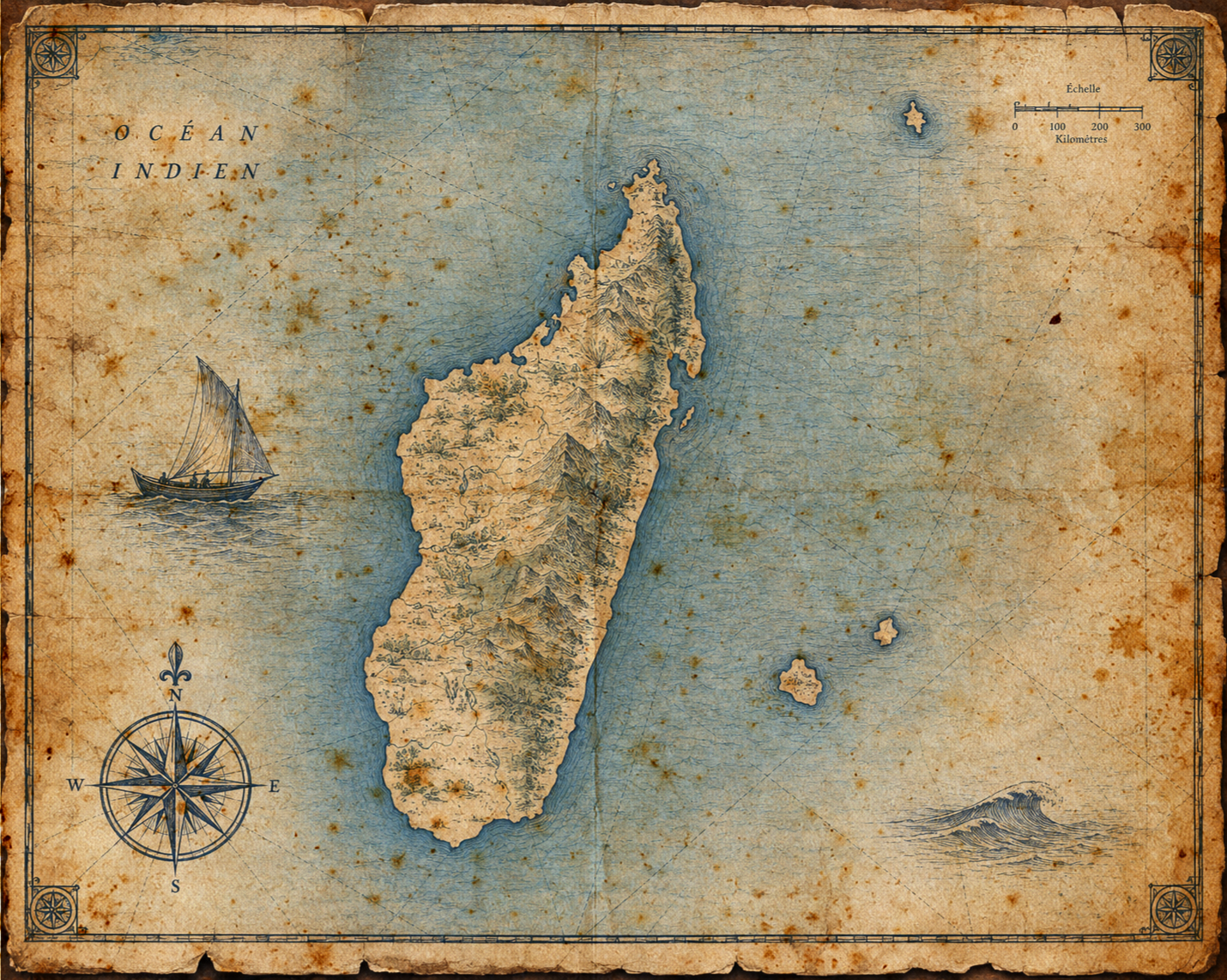 Illustrated map of East Africa & Indian Ocean, in the style of an antique nautical chart.