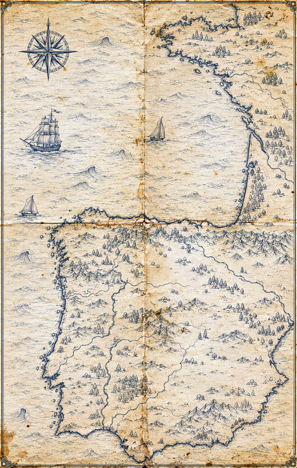 Illustrated navy-ink map of the Atlantic coast from Brittany to the Algarve, in the style of an antique nautical chart.