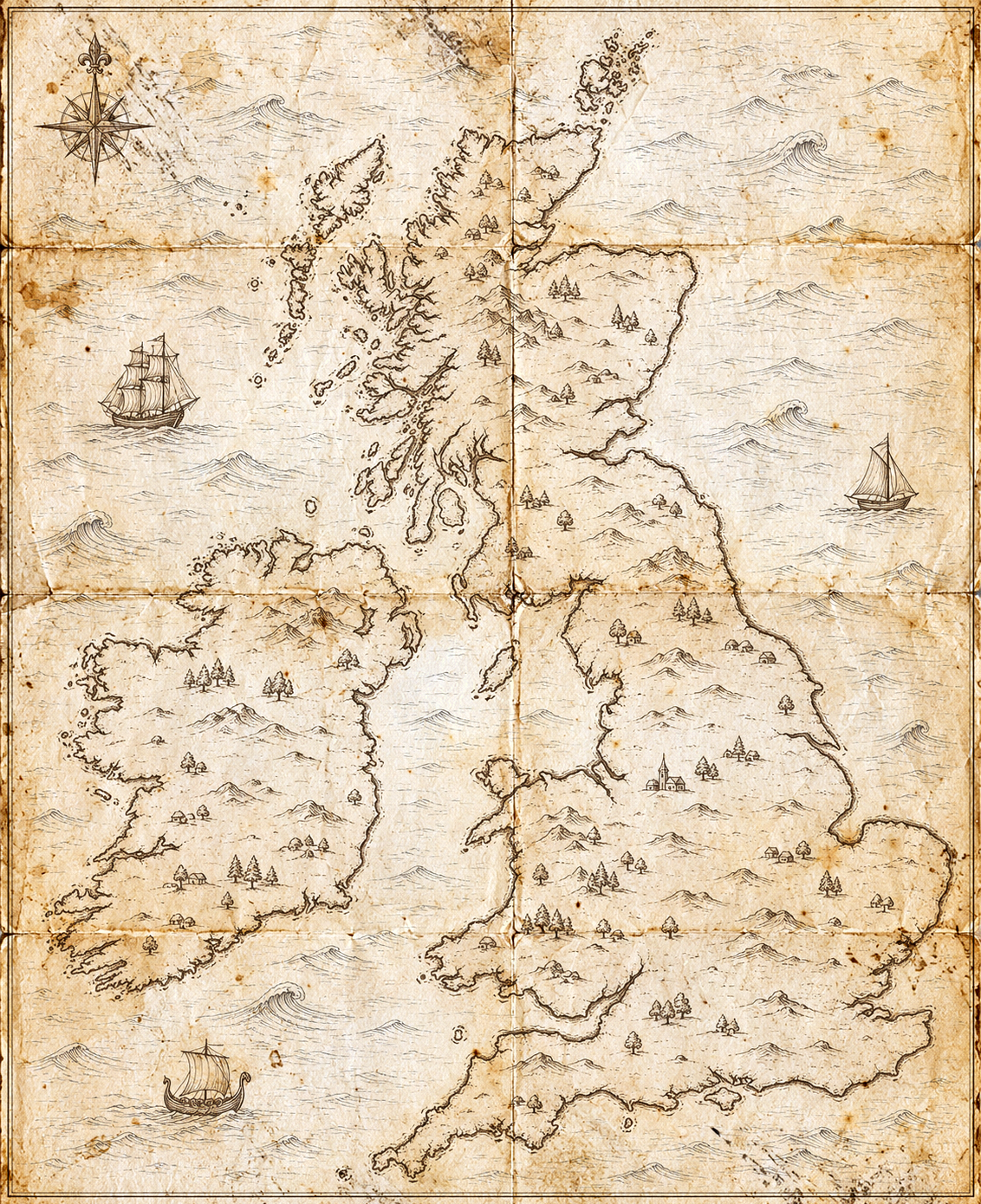 Illustrated sepia-ink map of Great Britain and Ireland, in the style of an antique nautical chart.