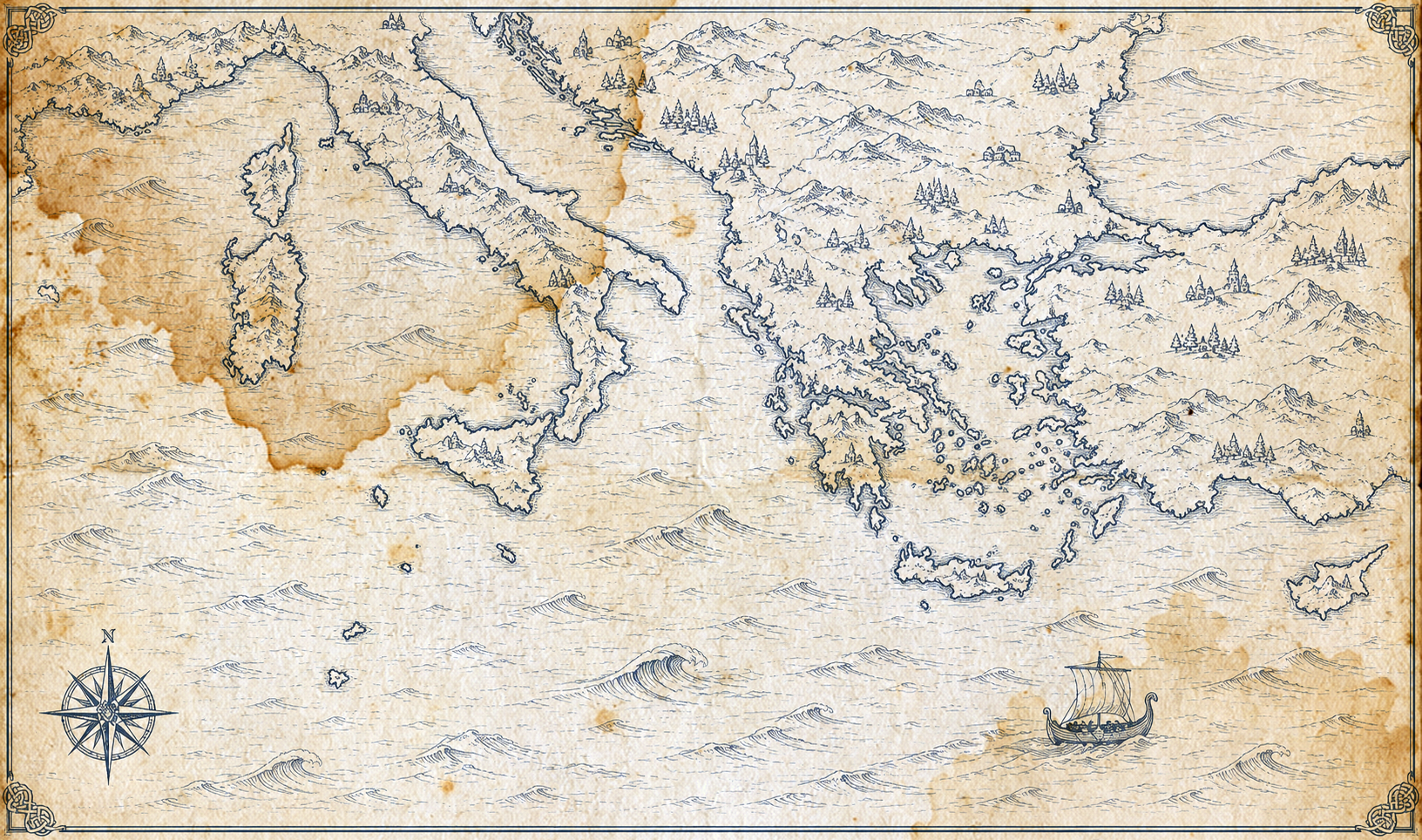 Illustrated slate-ink map of the northern Mediterranean rim from the Riviera to Cyprus, in the style of an antique nautical chart.