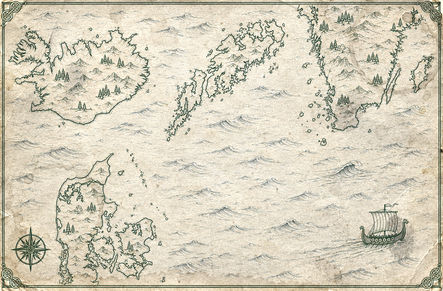 Illustrated forest-green-ink map of Iceland, Lofoten, Sweden and Denmark as four panels, in the style of an antique nautical chart.