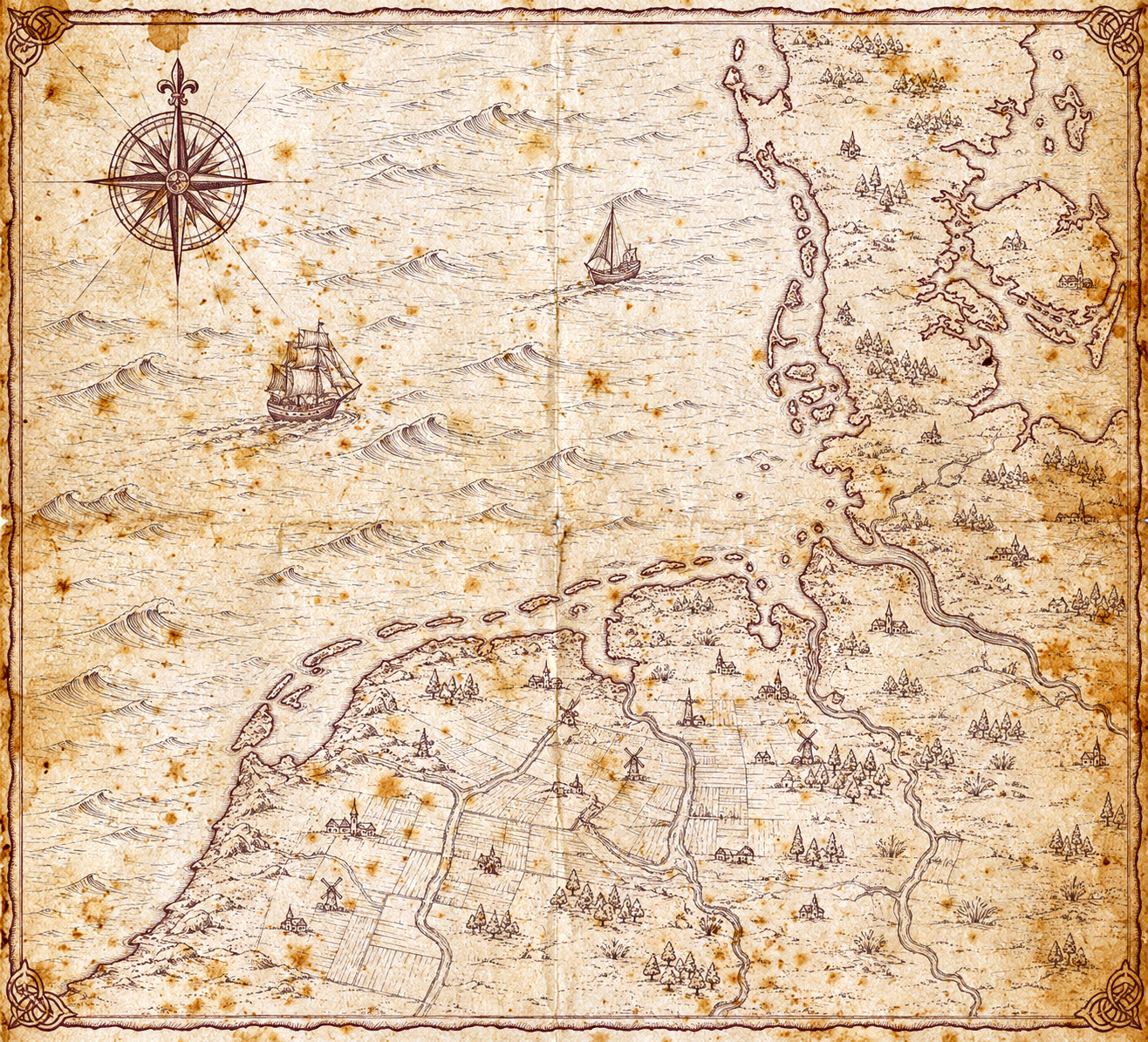 Illustrated burgundy-ink map of the southern North Sea coast, in the style of an antique nautical chart.