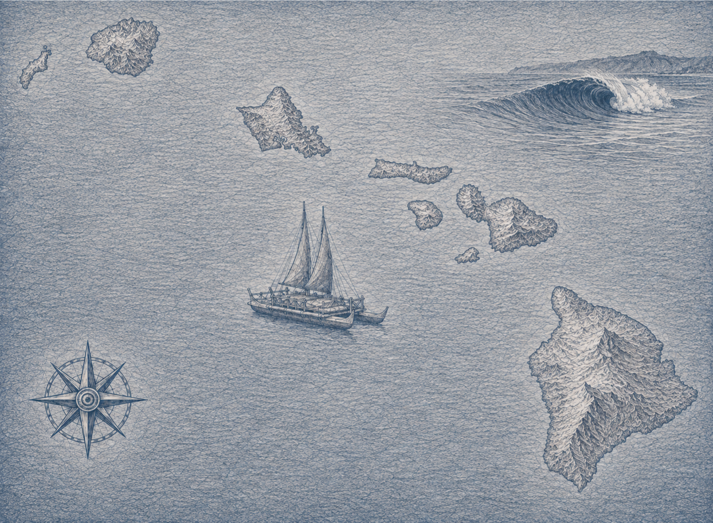 Illustrated blue-toned map of the Hawaiian Islands, in the style of an antique nautical chart.