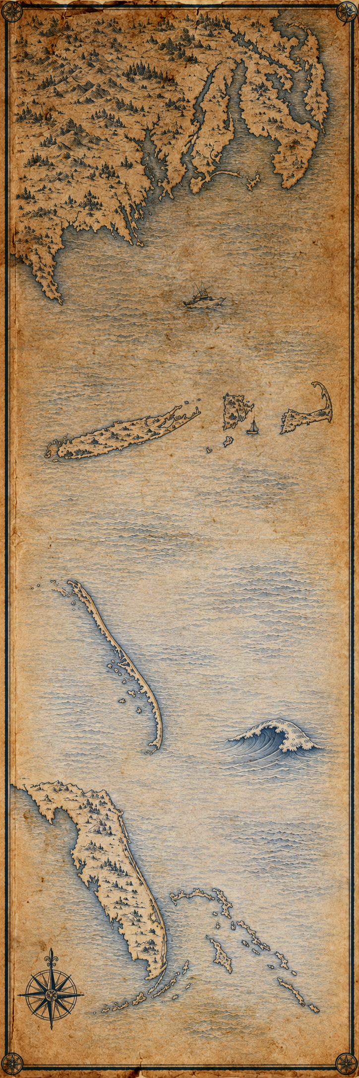 Illustrated navy-and-parchment map of the North America East Coast, in the style of an antique nautical chart.