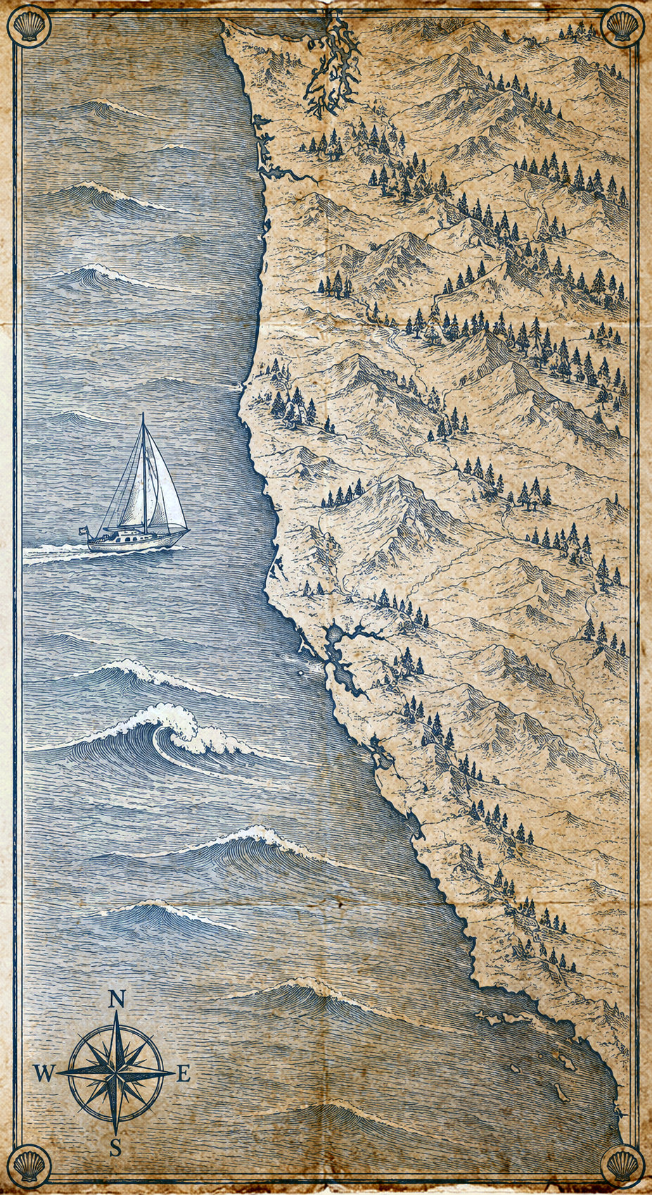 Illustrated navy-and-parchment map of the North America West Coast, in the style of an antique nautical chart.
