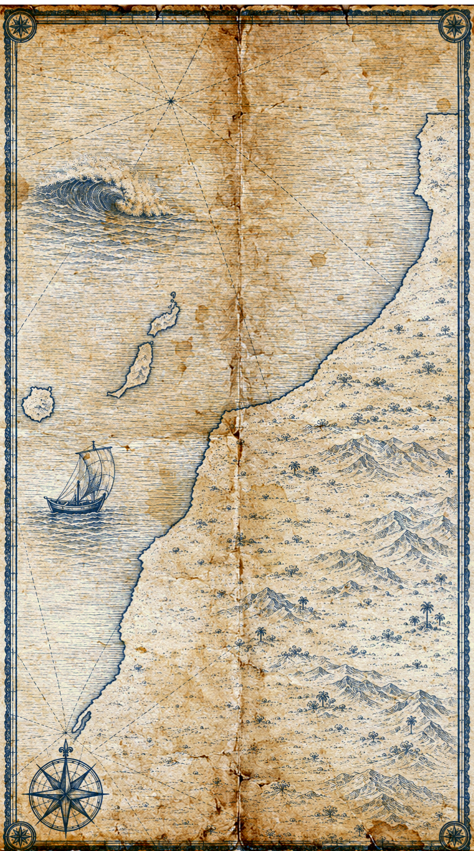 Illustrated map of Northwest Africa, in the style of an antique nautical chart.