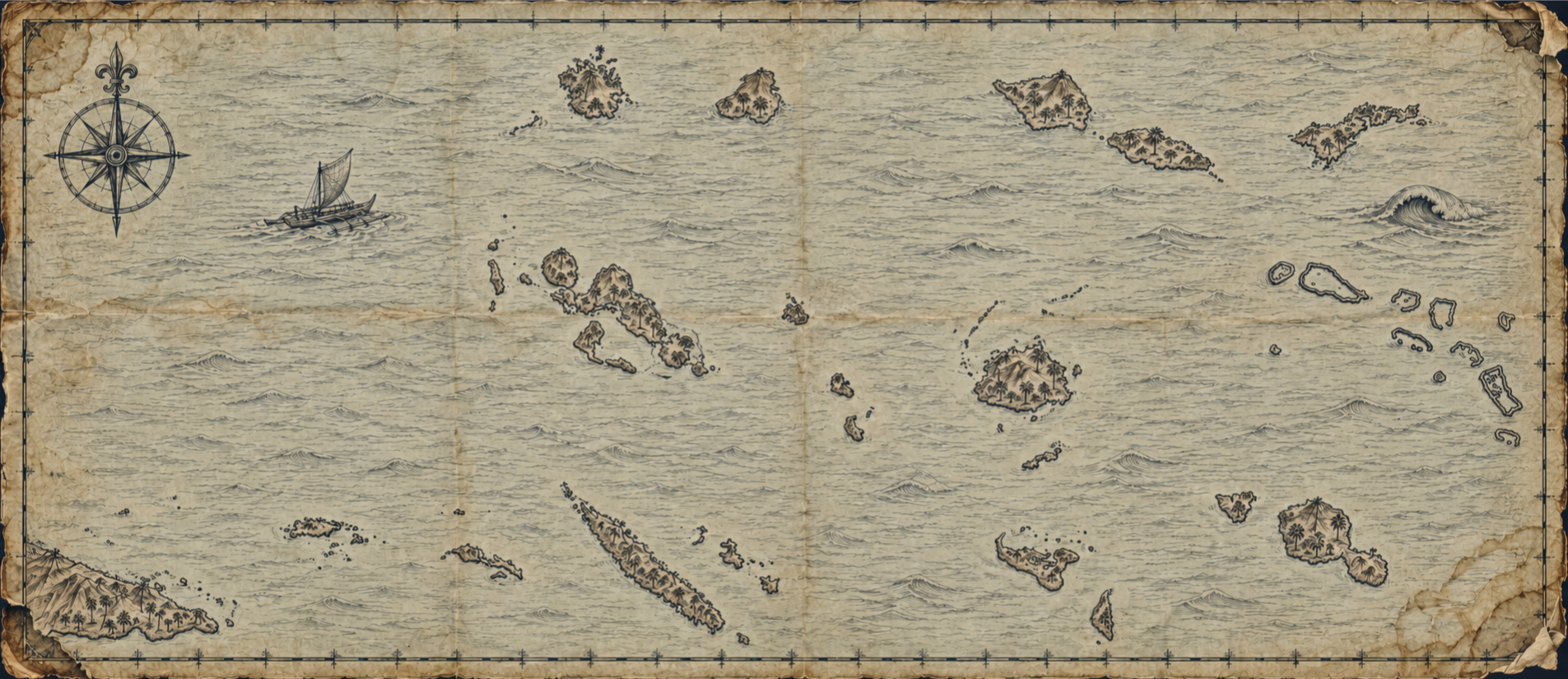 Illustrated map of Oceania and the South Pacific, in the style of an antique nautical chart. Not to scale.