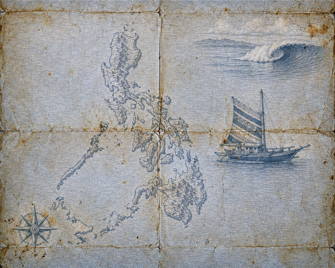 Illustrated blue-toned map of the Philippines, in the style of an antique nautical chart.