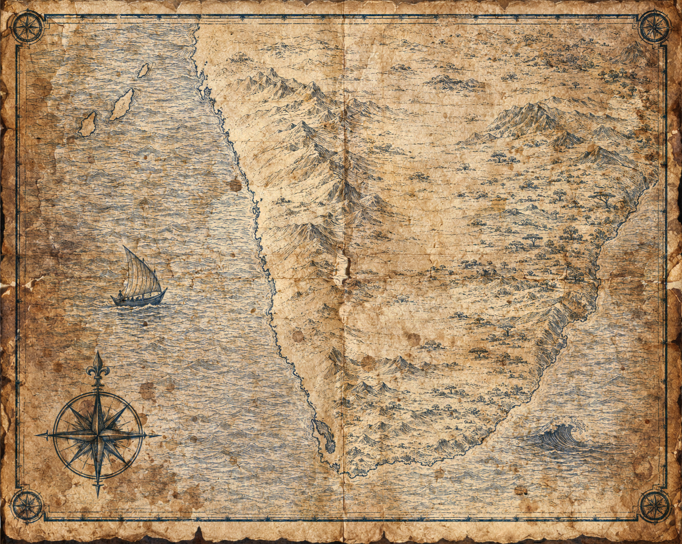 Illustrated map of South Africa, in the style of an antique nautical chart.