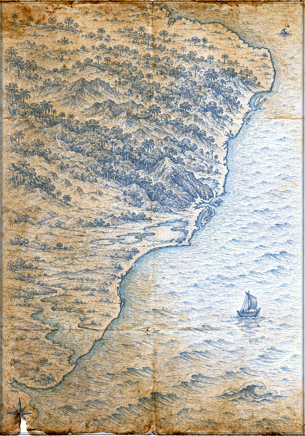 Illustrated navy-and-parchment map of South America's Atlantic coast, in the style of an antique nautical chart.