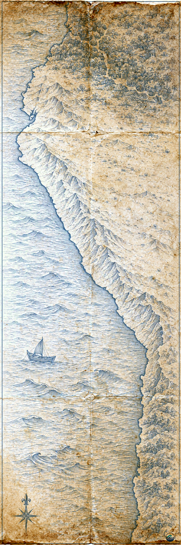 Illustrated navy-and-parchment map of South America's Pacific coast, in the style of an antique nautical chart.