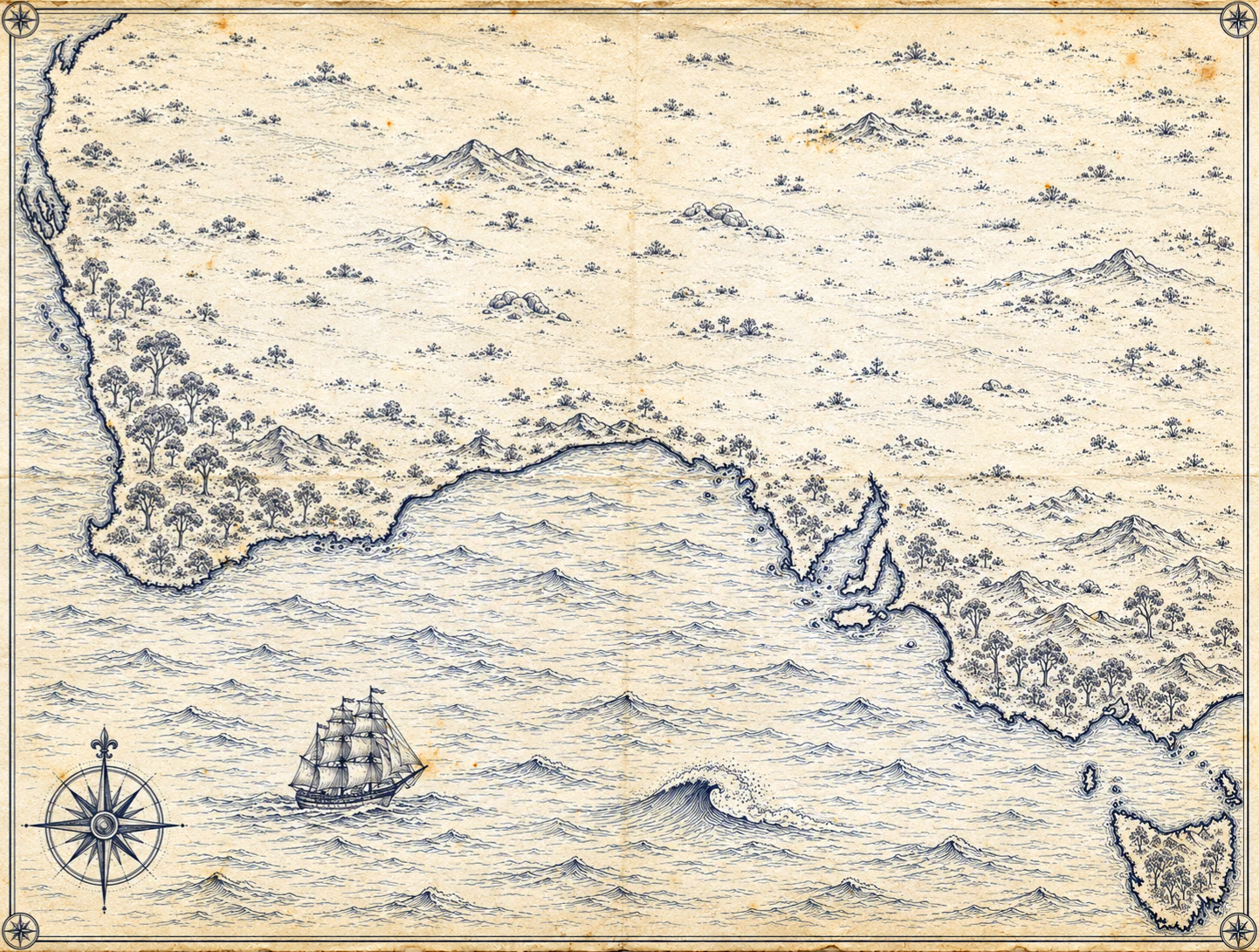 Illustrated navy-and-parchment map of the western and southern coast of Australia and Tasmania, in the style of an antique nautical chart.