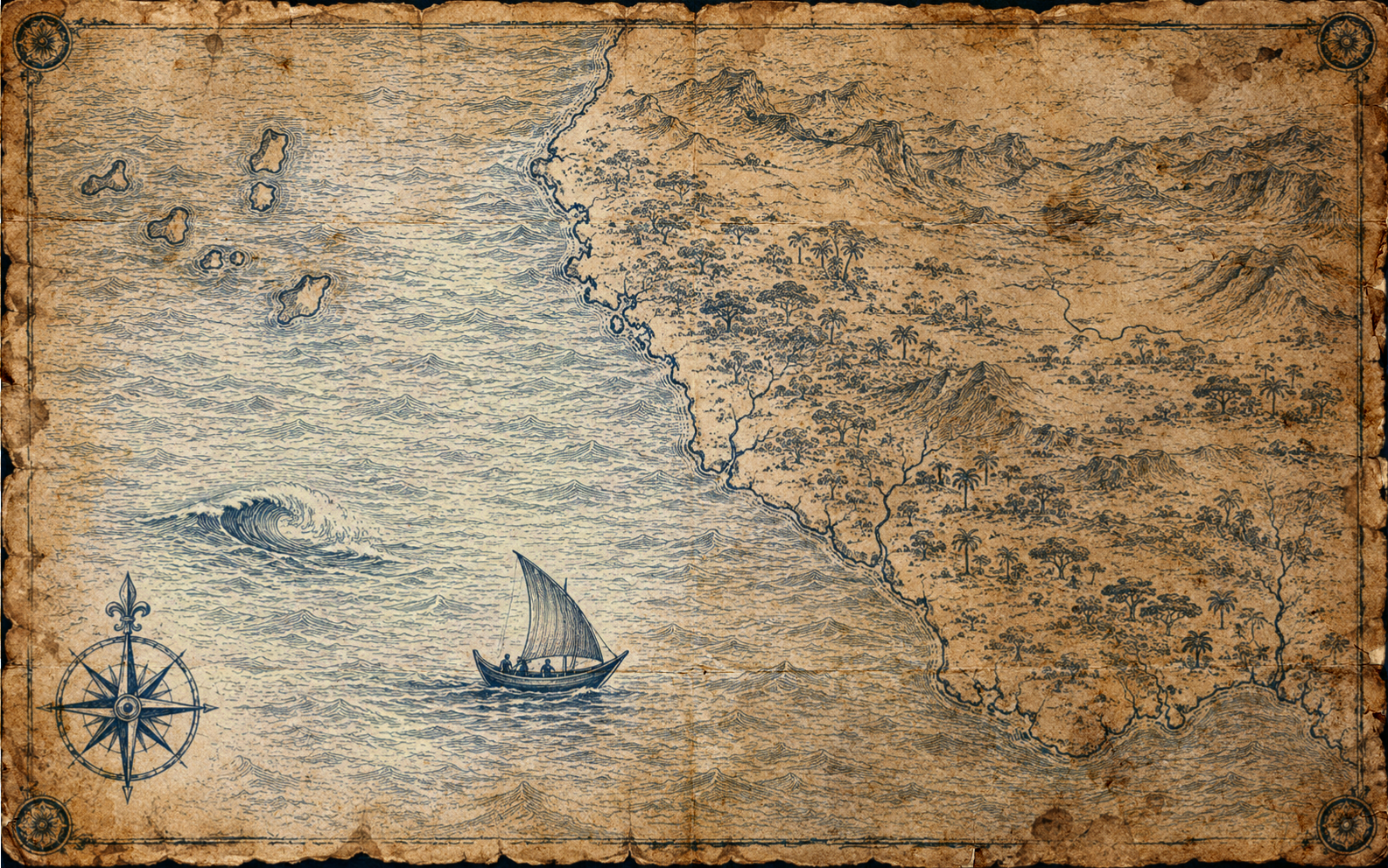 Illustrated map of West Africa, in the style of an antique nautical chart.