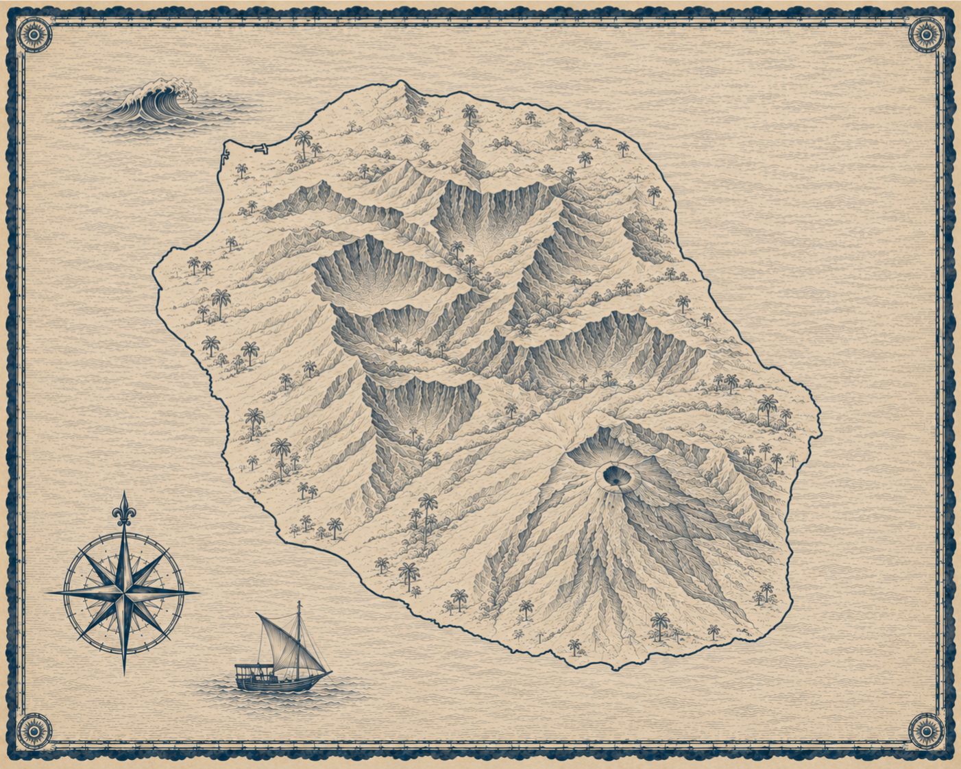 Illustrated navy-and-parchment map of Reunion, in the style of an antique nautical chart.