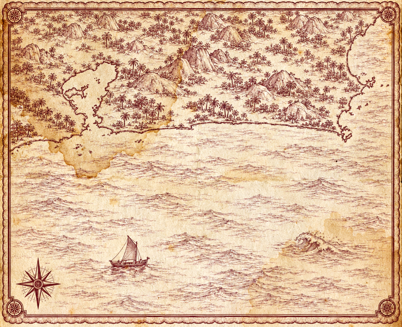 Illustrated burgundy-wine-ink map of the Rio de Janeiro coast, in the style of an antique nautical chart.
