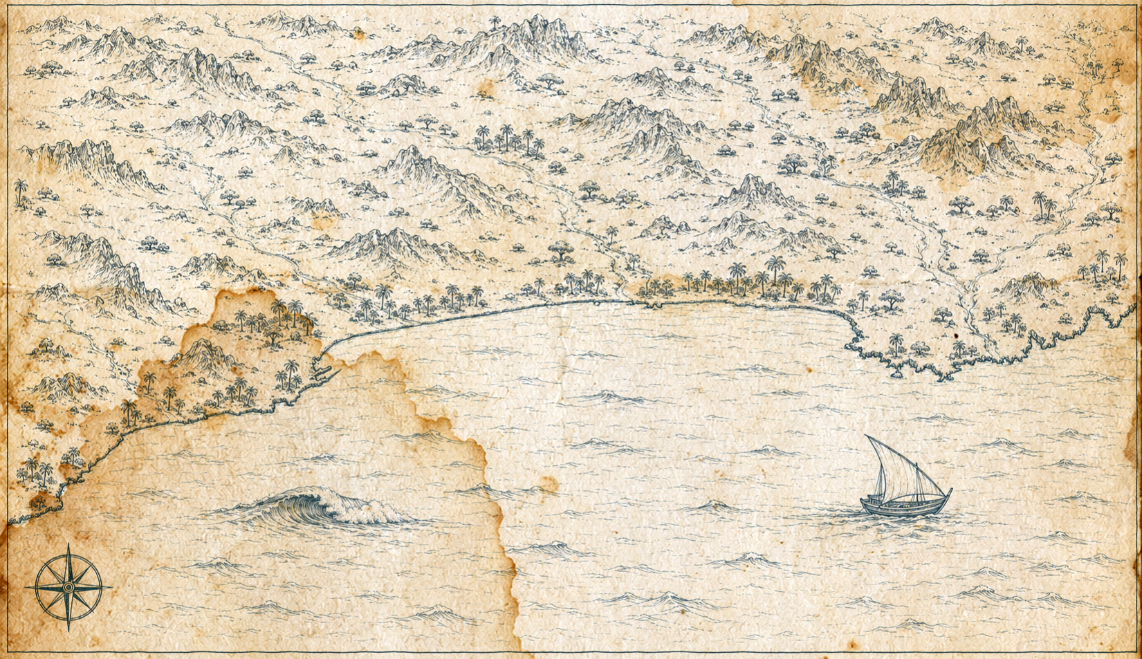 Illustrated map of Salalah and Dhofar, in the style of an antique nautical chart.