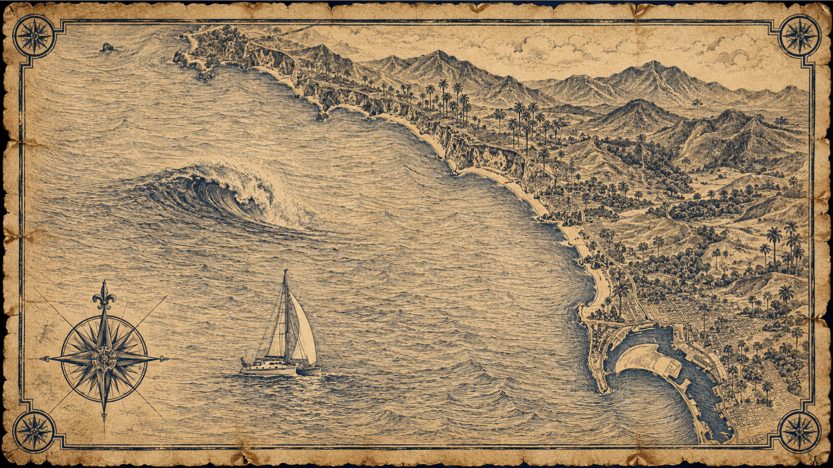 Illustrated navy-and-parchment map of San Diego, in the style of an antique nautical chart.