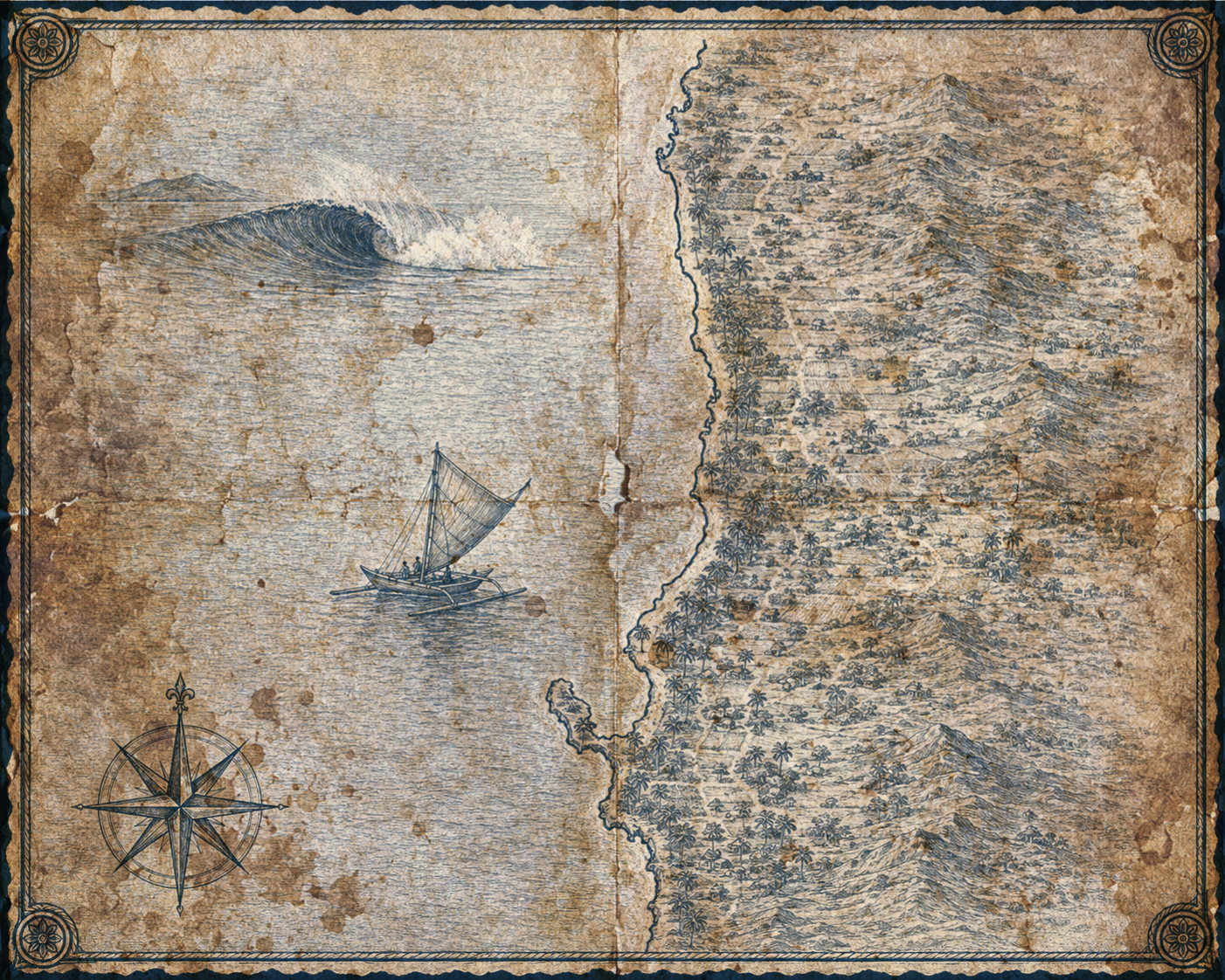 Illustrated navy-and-parchment map of San Juan, La Union, in the style of an antique nautical chart.