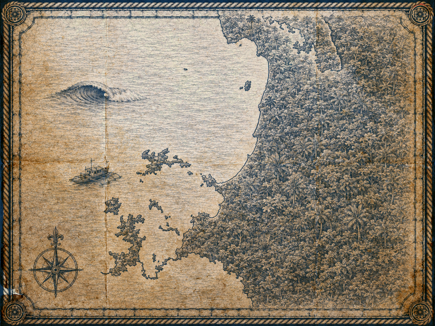 Illustrated navy-and-parchment map of San Vicente, Palawan, in the style of an antique nautical chart.