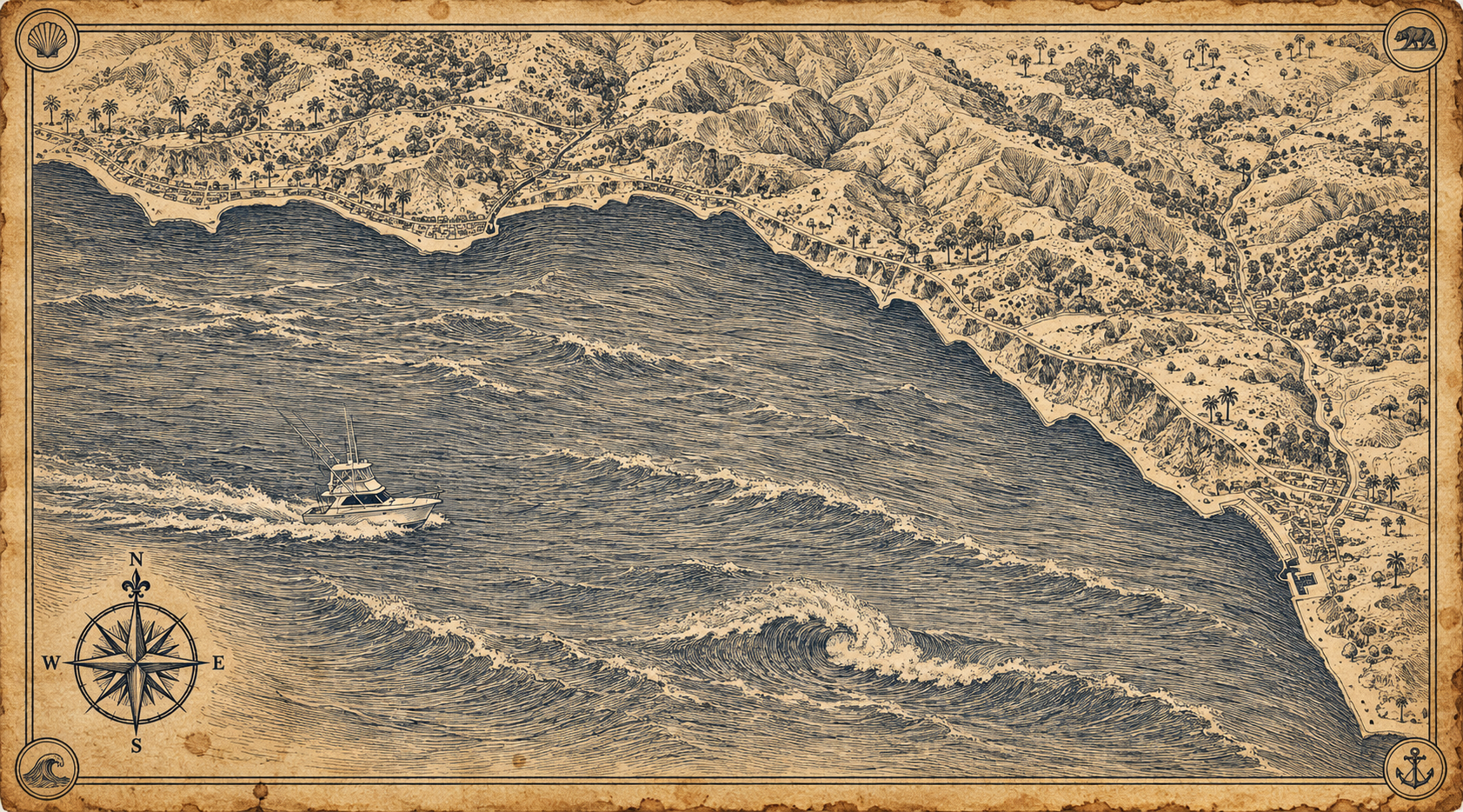 Illustrated navy-and-parchment map of the Santa Barbara Channel coastline, in the style of an antique nautical chart.