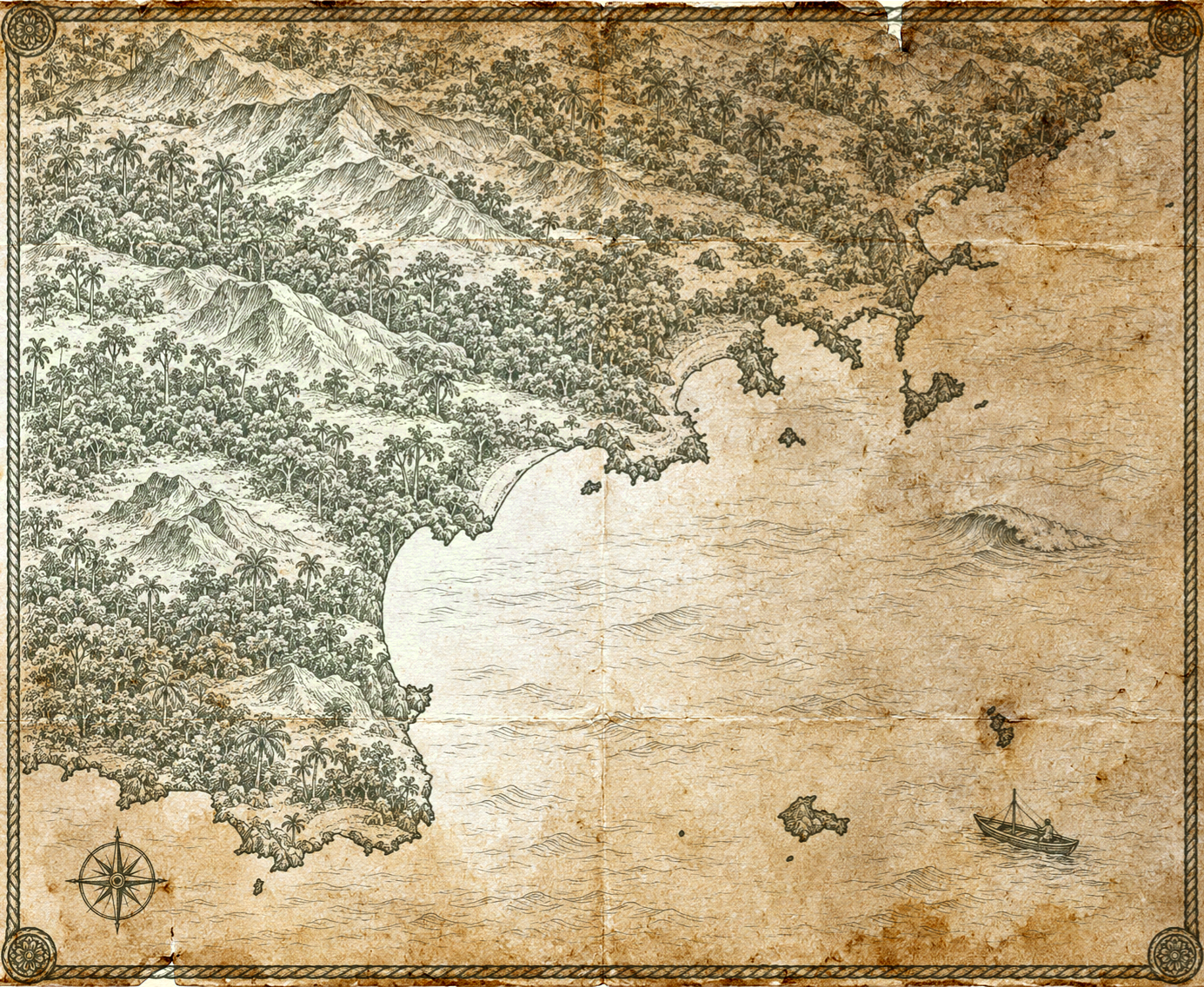 Illustrated olive-green-ink map of the São Paulo coast, in the style of an antique nautical chart.