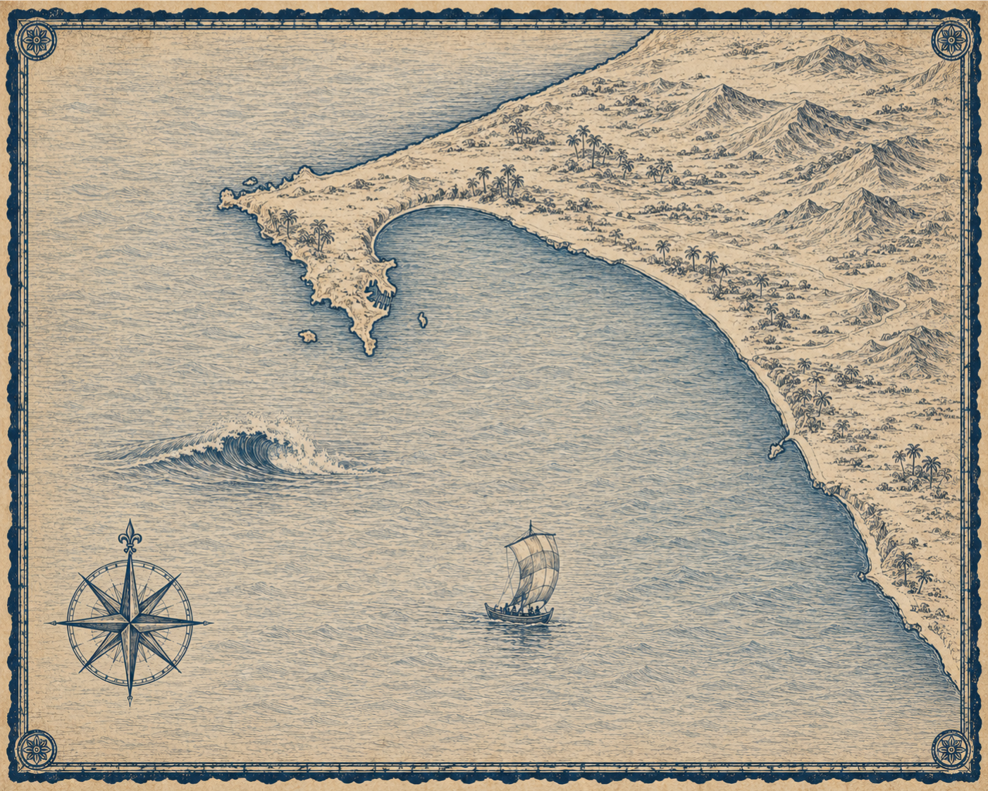 Illustrated navy-and-parchment map of Senegal, in the style of an antique nautical chart.