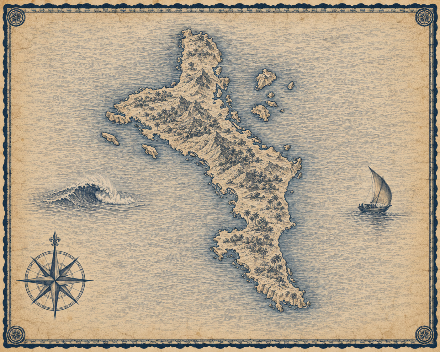 Illustrated navy-and-parchment map of Seychelles, in the style of an antique nautical chart.